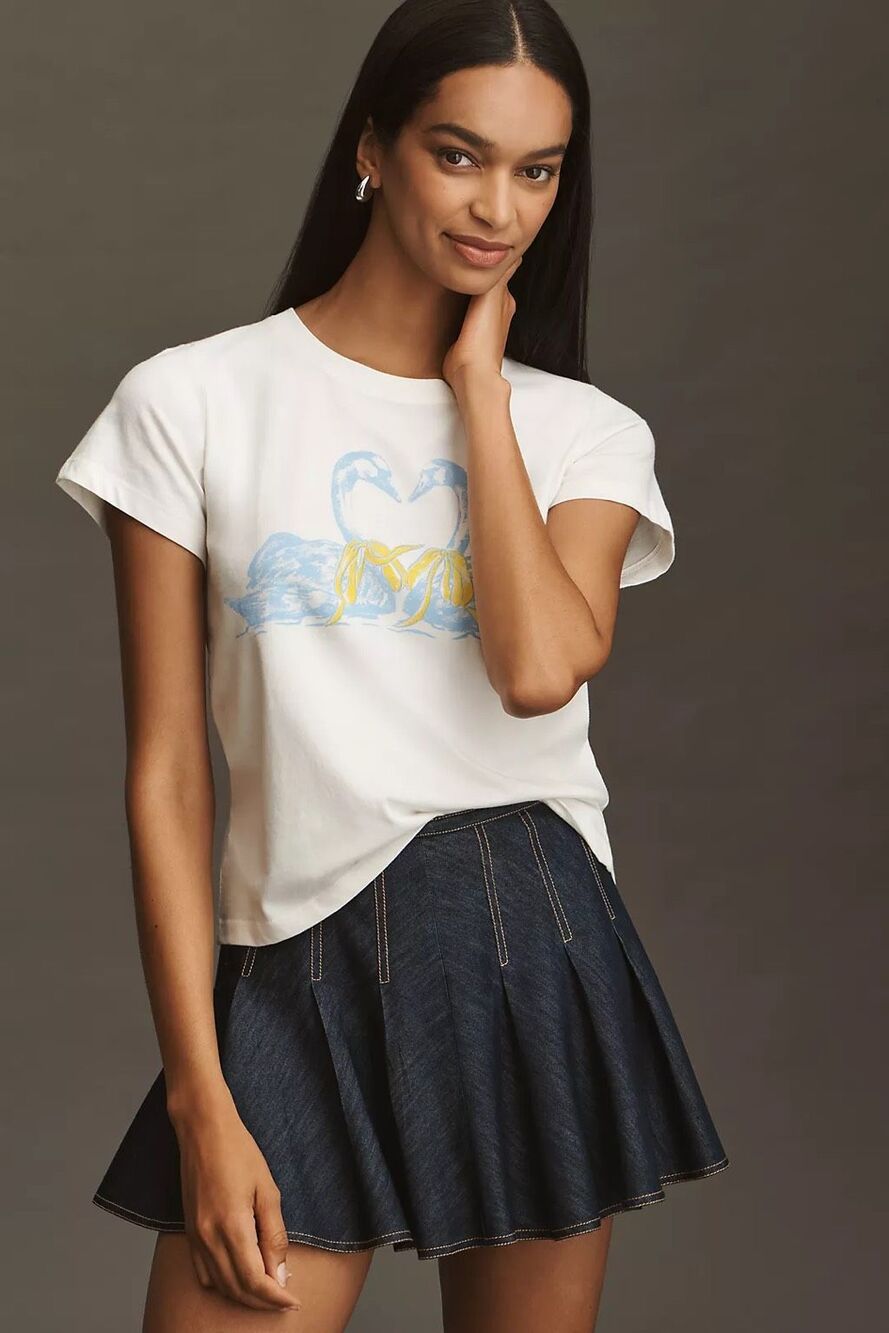 Anthropologie Swan Graphic Tee White Cotton Short Sleeve XXS petite NEW